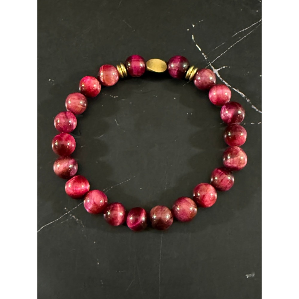 Pink Tigers Eye Beaded Stretch Bracelet with Gold Accent Beads